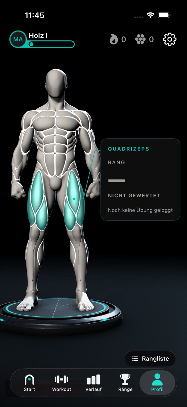 NeoTrack-App: 3D-Figur mit angetipptem Quadrizeps