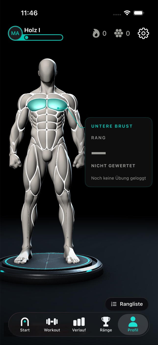 NeoTrack-App: 3D-Figur mit angetippter Brustmuskulatur
